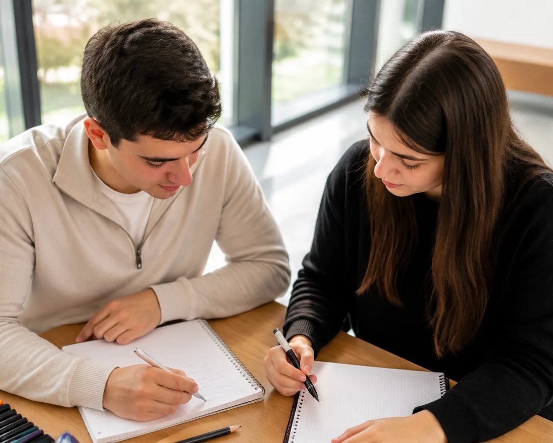 Estudantes de mochila conversando no corredor de um prédio universitário